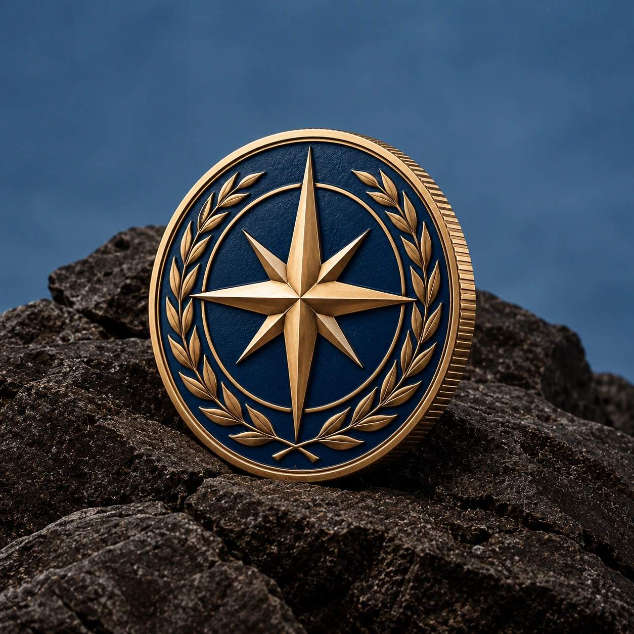 Navy enamel and gold compass coin displayed on dark rocks