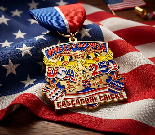 Colourful Chick-themed Fiesta Medal