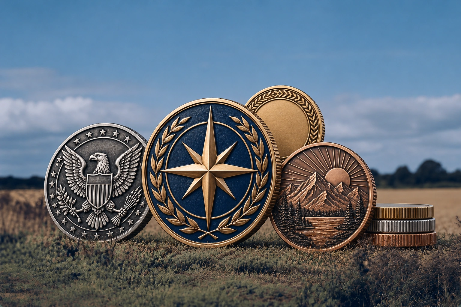 Custom challenge coins in gold, silver and bronze with front, reverse and edge details